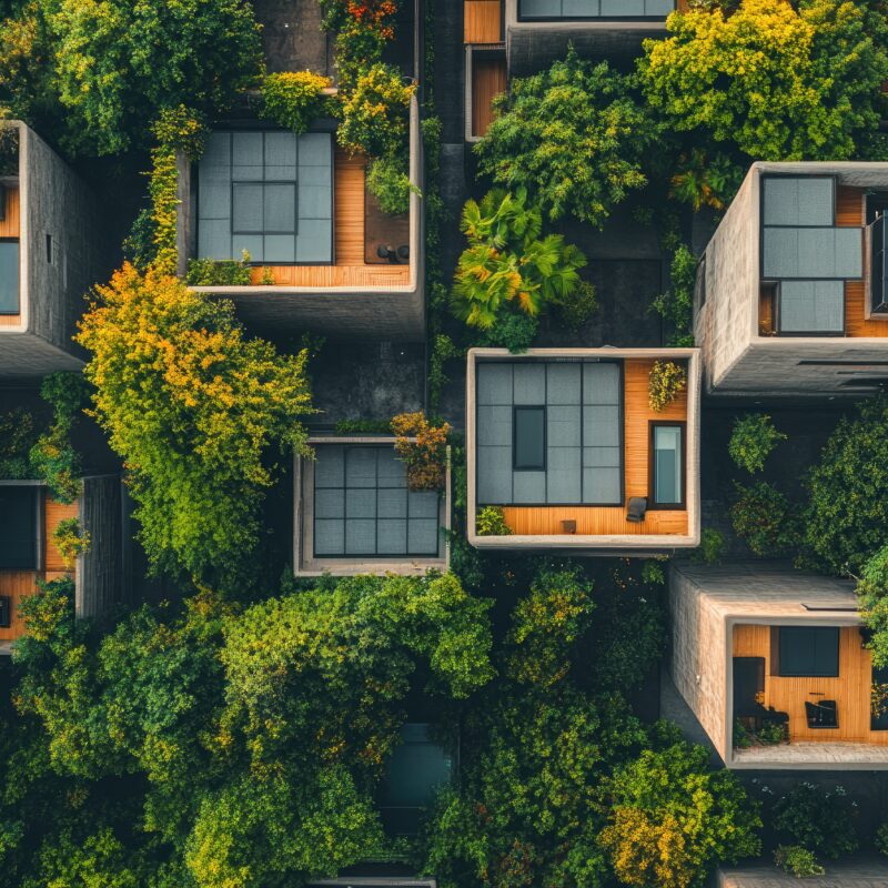 duurzaam vastgoed met bomen er tussen