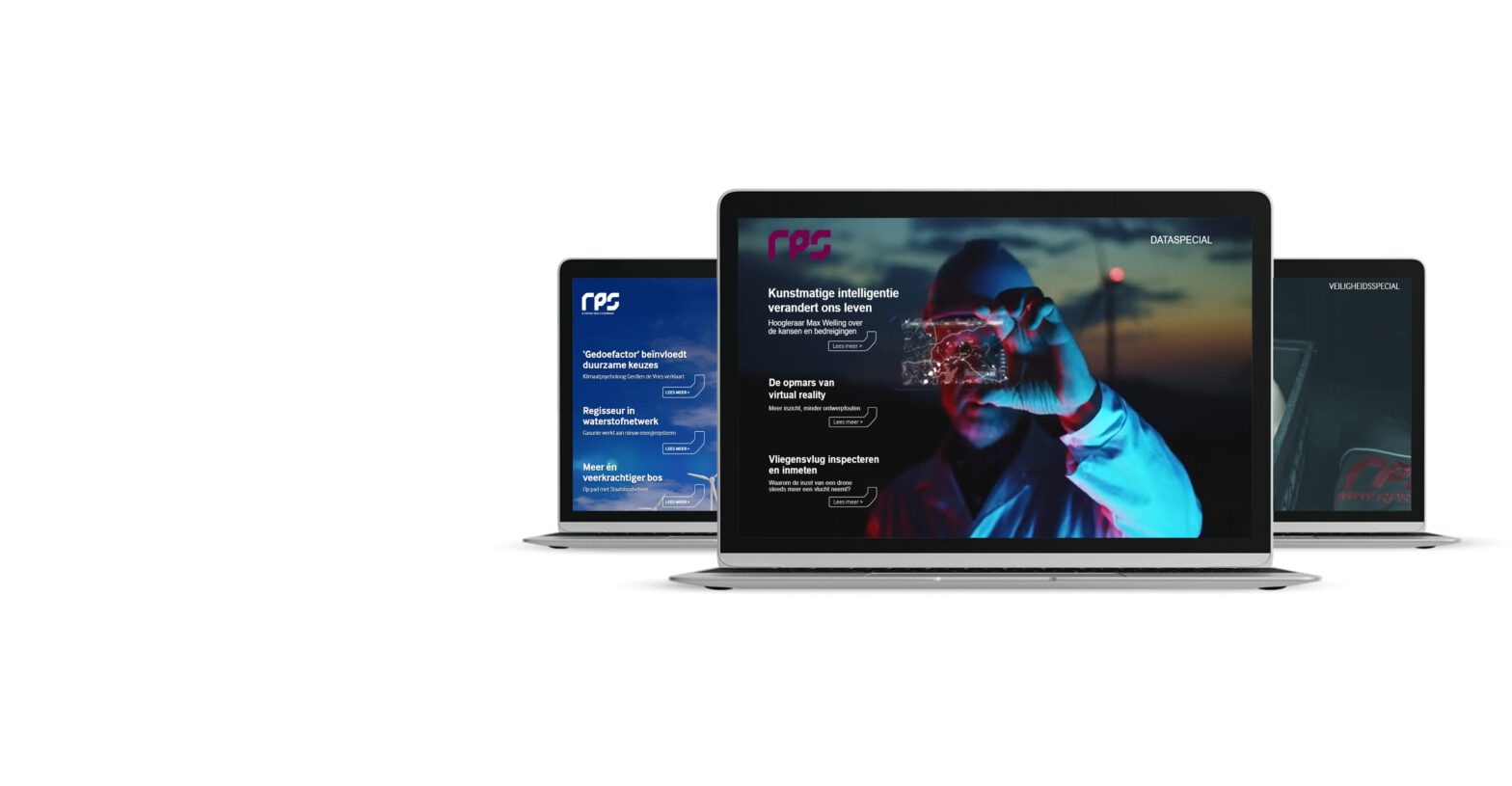 De verschillende edities van de RPS Respons klantmagazines op laptopschermen